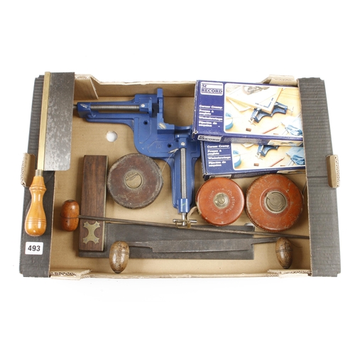 493 - Three RECORD corner cramps, 3 leather bound tapes and 4 other tools G+