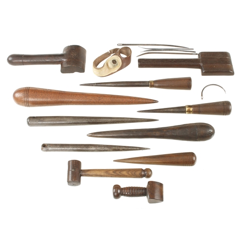 508 - Sailmaker's tools; 3 fids, 3 serving mallets two marlin spikes, seam rubber etc G