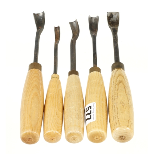 577 - Four spoon back carving gouges by SORBY and one unnamed G+