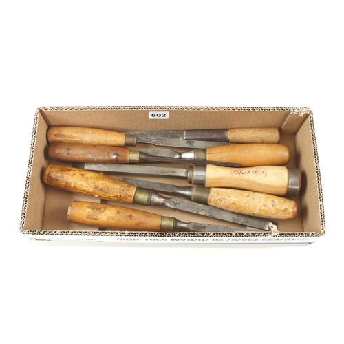 602 - Six mortice chisels and two long chisels G+