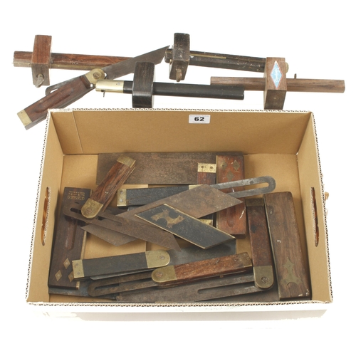 62 - An ebony slitting gauge and 15 ebony and rosewood bevels, squares etc (some need a clean) G