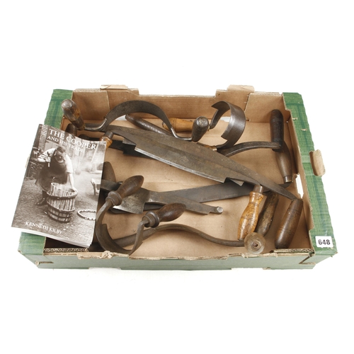 648 - A kit of cooper's tools incl. 3 croze, chive, side axe, shaves, augers etc and a book by Kenneth Kil... 