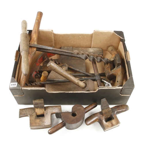 648 - A kit of cooper's tools incl. 3 croze, chive, side axe, shaves, augers etc and a book by Kenneth Kil... 