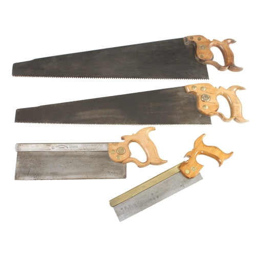 736 - Four saws by MATHIESON; hand saws 4 and 7TPI, s/b tenon and b/b d/t saws (repair to one handle) G+