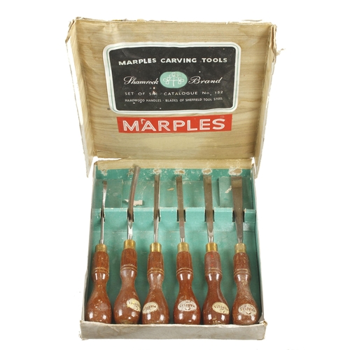 739 - A little used set of 6 carving tools by MARPLES with hardwood handles in orig box G+