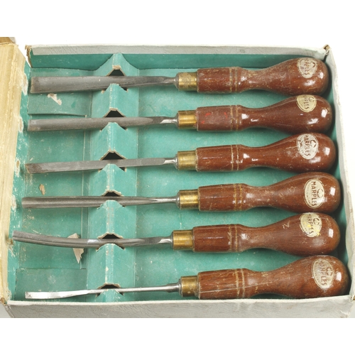 739 - A little used set of 6 carving tools by MARPLES with hardwood handles in orig box G+