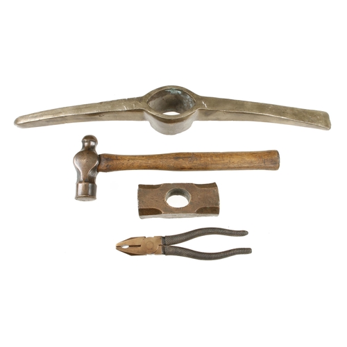 786 - Four miner's brass or bronze tools i.e. pick axe, pliers and two hammers G+