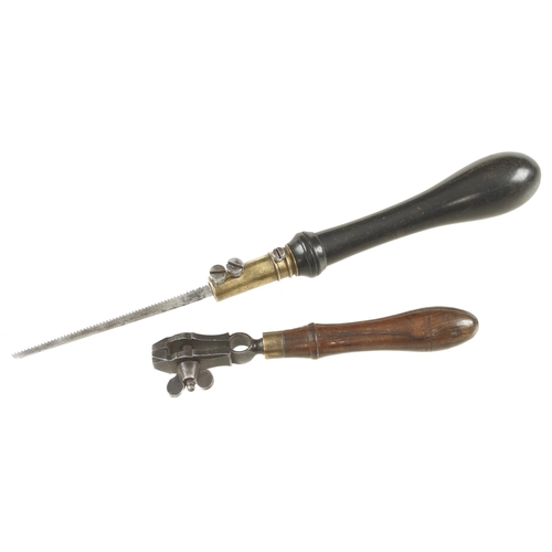 787 - A very nice quality hand vice with rosewood handle and an ebony handled pad saw G++