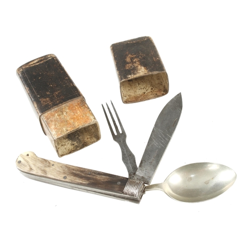 793 - A cavalryman's fine quality antler scaled folding cutlery set of knife fork and spoon by RODGERS and... 