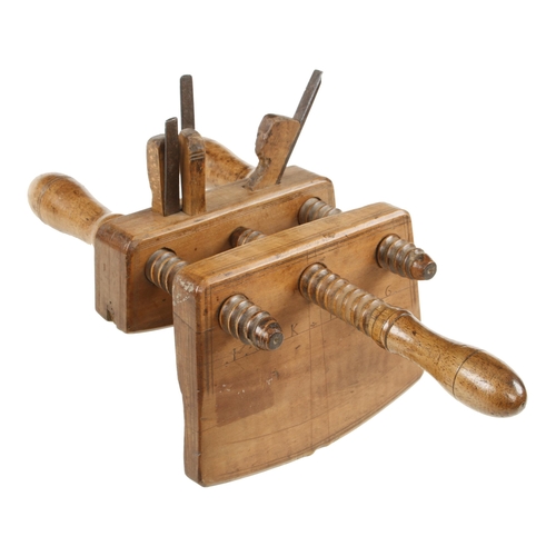 917 - A European cooper's compassed fruitwood plough plane with triple screw stems dated K.E.1836 G+