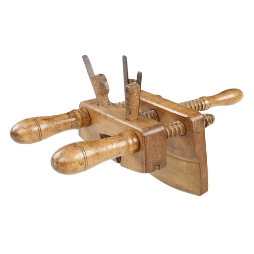 917 - A European cooper's compassed fruitwood plough plane with triple screw stems dated K.E.1836 G+