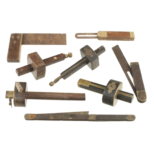 209 - Four ebony and rosewood mortice gauges, 3 bevels and a square G