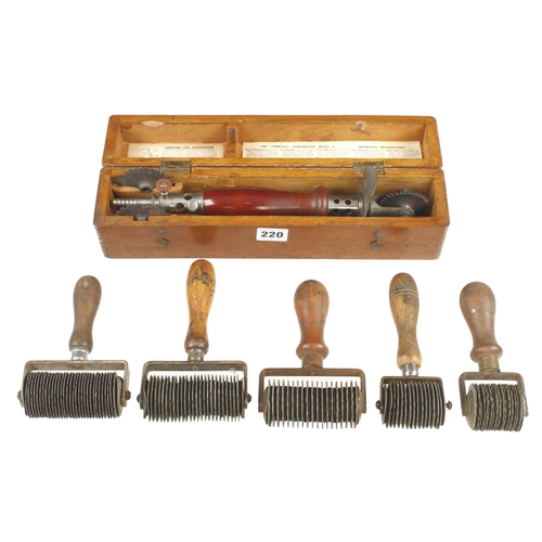 220 - Five graining rollers and an unusual paper perforating tool in mahogany box G+