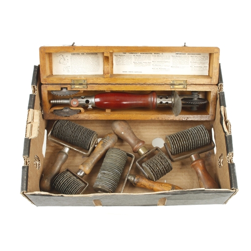 220 - Five graining rollers and an unusual paper perforating tool in mahogany box G+