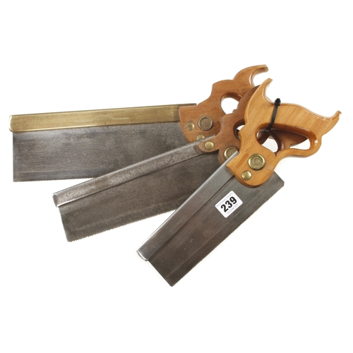 239 - A b/b tenon saw and a s/b d/t saw both by DISSTON and another by WOODROUGH & McPARLIN G++