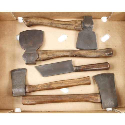 286 - Six hand axes and a stick hatchet G