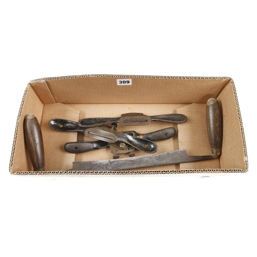 309 - A drawknife and 3 metal spokeshaves G