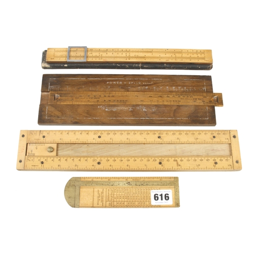 616 - A boxwood and brass rope gauge by RABONE and three other wooden slide rules G+