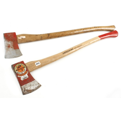 643 - A little used axe by HERCULES USA with hickory handle and orig trade label and another axe G+