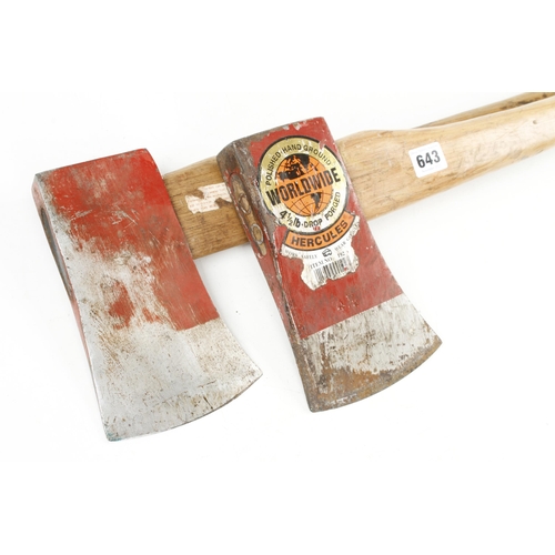 643 - A little used axe by HERCULES USA with hickory handle and orig trade label and another axe G+