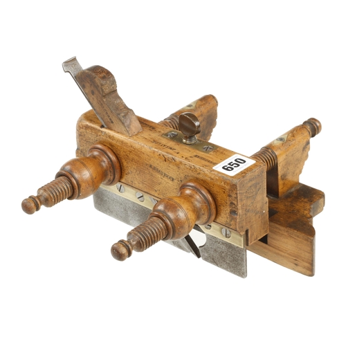 650 - A beech screwstem plough by PRESTON with boxwood stems and nuts, one finial and depth stop screw mis... 