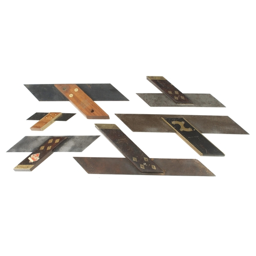 664 - An ebony and brass mitre square and 5 others in rosewood and brass G+