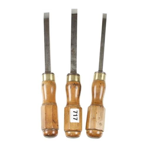 717 - A fine set of 3 heavy mortice chisels by WARD with hexagonal boxwood handles G++