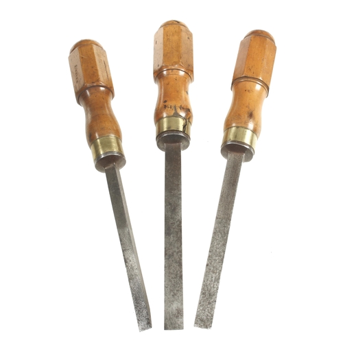 717 - A fine set of 3 heavy mortice chisels by WARD with hexagonal boxwood handles G++