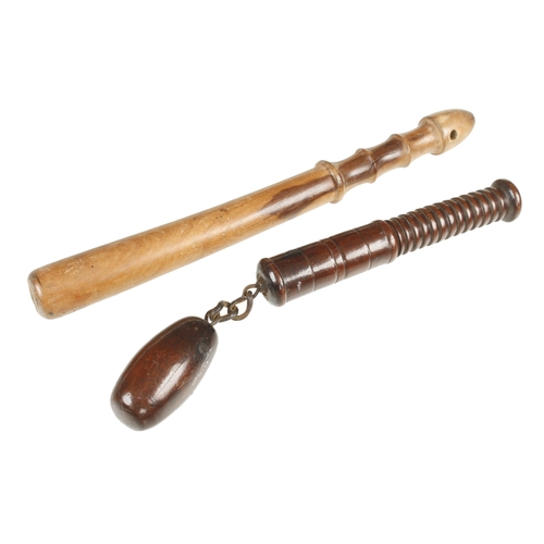 84 - Two hardwood truncheons, one with flail head G+