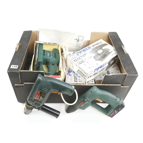 119 - Three unused NUTOOL sanders in orig boxes, two BOSCH drill and another sander 240V Pat tested