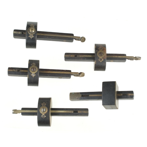 123 - Five rosewood or ebony and brass mortice gauges, a few cracks G