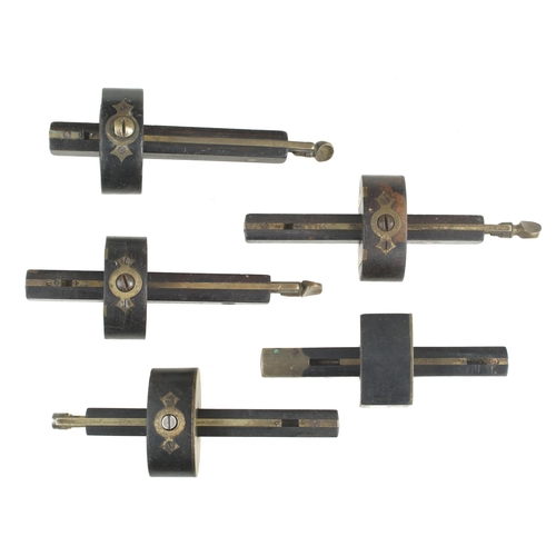 123 - Five rosewood or ebony and brass mortice gauges, a few cracks G