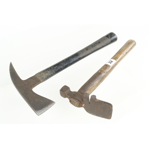 22 - A fireman's axe with rubber handle and a crate hammer G