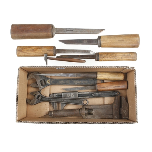 405 - Four wrenches and 6 mortice chisels G+