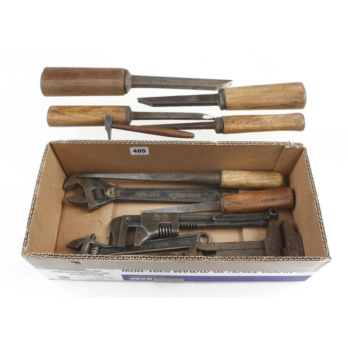 405 - Four wrenches and 6 mortice chisels G+