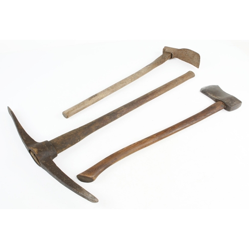 527 - A pick axe, axe and adze G