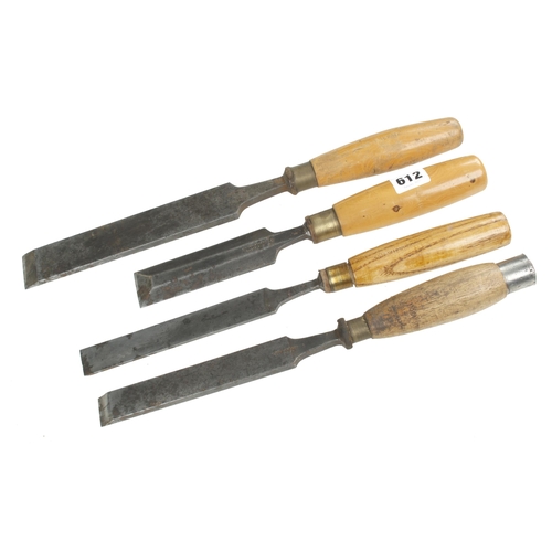 612 - A bevel edge chisel by MARPLES and 3 other heavy chisels G