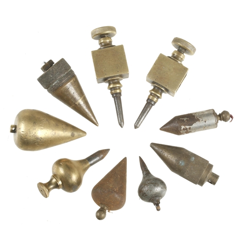 661 - Four brass and 4 steel plumb bobs and a pair of brass trammel heads G
