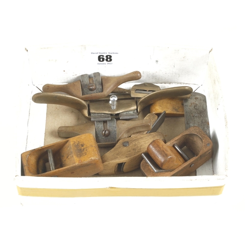 68 - Two miniature brass shaves, two composite shaves and 3 miniature wood planes G+