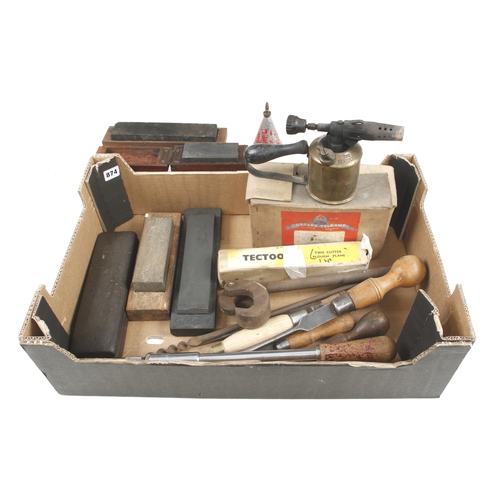 874 - Five boxed oilstones, a brass blow torch and 5 turnscrews G