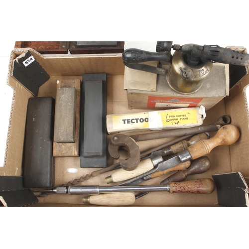 874 - Five boxed oilstones, a brass blow torch and 5 turnscrews G