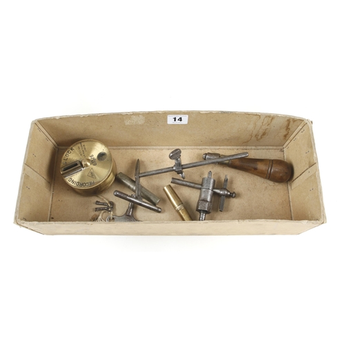 14 - Three tool handles with bits, two circle cutters and a recording clock G