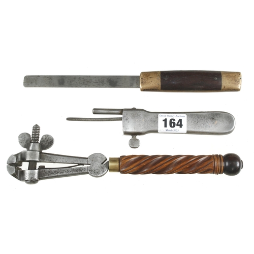 164 - A hand vice with turned handle a scribing knife and a purfling tool G+