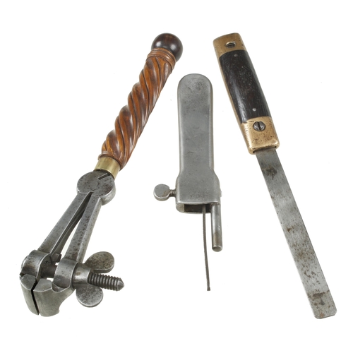 164 - A hand vice with turned handle a scribing knife and a purfling tool G+