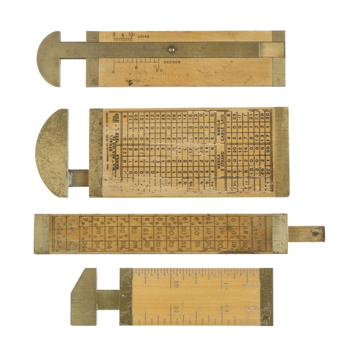 202 - A boxwood and brass hatter's gauge by CHRISTY London and 3 button or rope gauges G++