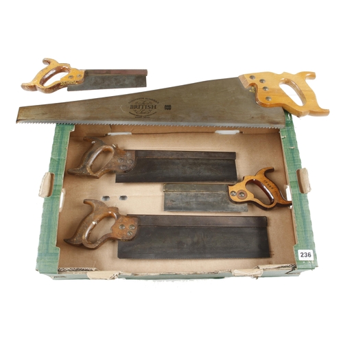 236 - Two s/b tenon saws, two b/b d/t saws and a hand saw G+