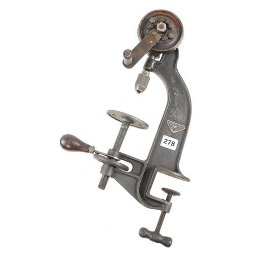 278 - A MILLERS FALLS No 208 bench mounted drill with height adjuster, early repair to cog G