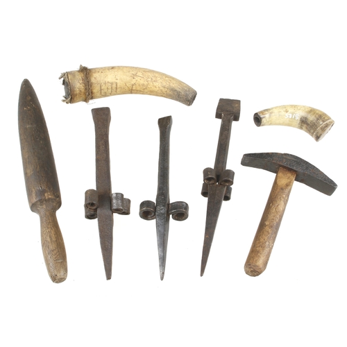 28 - Three scythe anvils c/w hammer, strickle and two horns for grit and grease G+