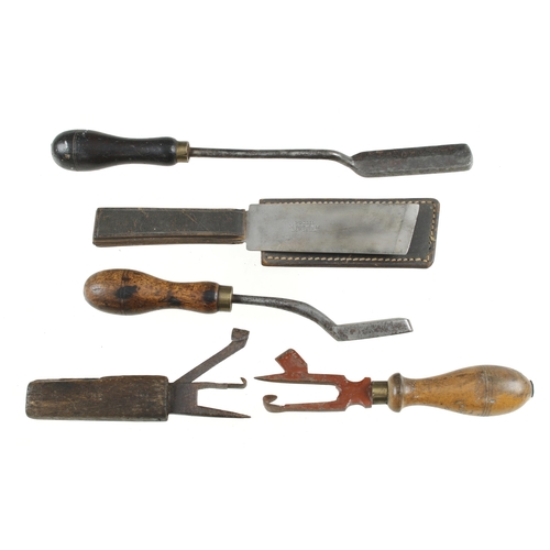 325 - A pair of early plaster irons, two timber scribes and a knife G