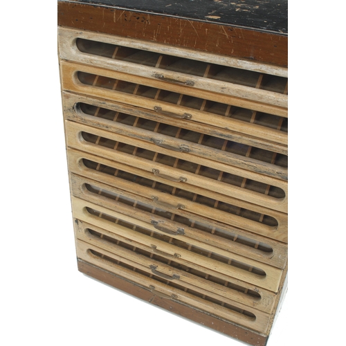 370 - A haberdasher's 9 drawer shop storage chest with glass front to each drawer 17